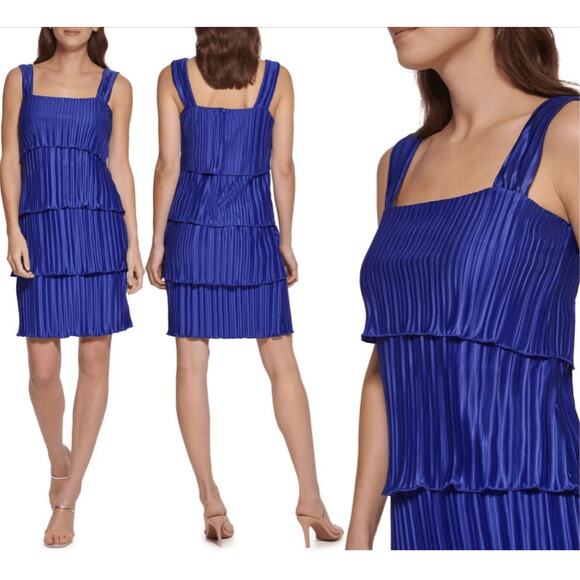 DKNY Blue Plisse Pleated Tiered Satin Fancy Cocktail Party Dress 14 NWT - Picture 1 of 10